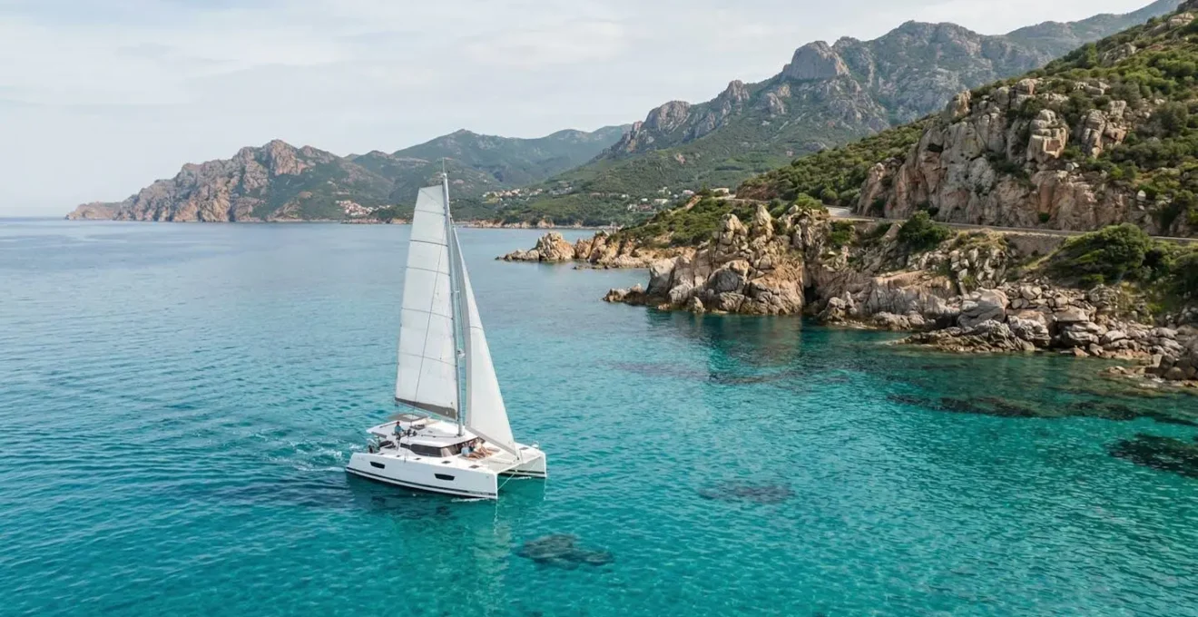 Catamaran naviguant le long des côtes rocheuses corses aux eaux turquoise