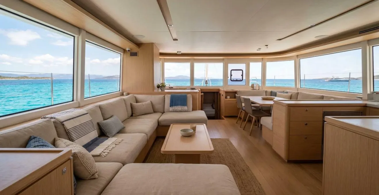 Intérieur spacieux et lumineux d'un catamaran haut de gamme avec vue mer